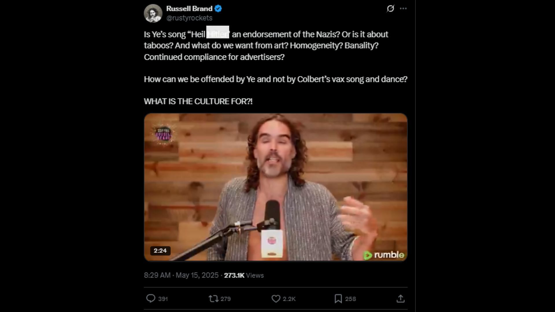 Russell Brand's tweet (Image via @rustyrockets/X)